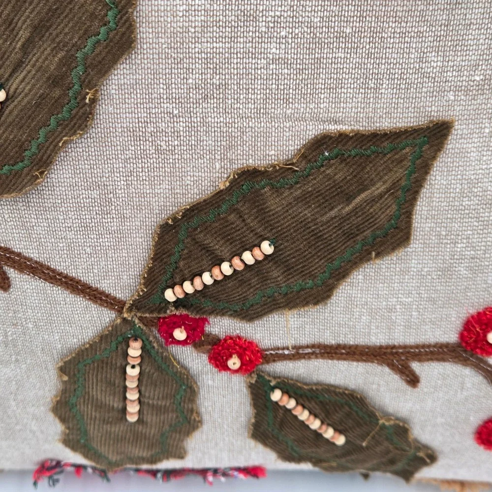 Holiday Holly‎ Berry Embroidered Throw Pillow Leaf Branch Plaid Pom Poms 18